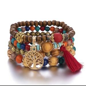 Boho wooden beaded charm bracelet tree of life with tassel